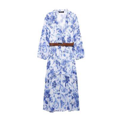 European and American French Style Fashion Belt Printed Midi Dress