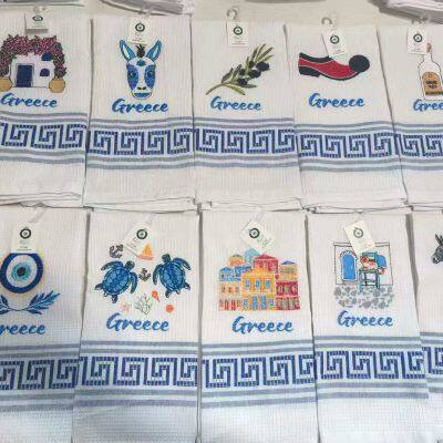 Greek Santorini Quality Waffle Tea Towel With Embroidery Different Patterns and OEM Meander